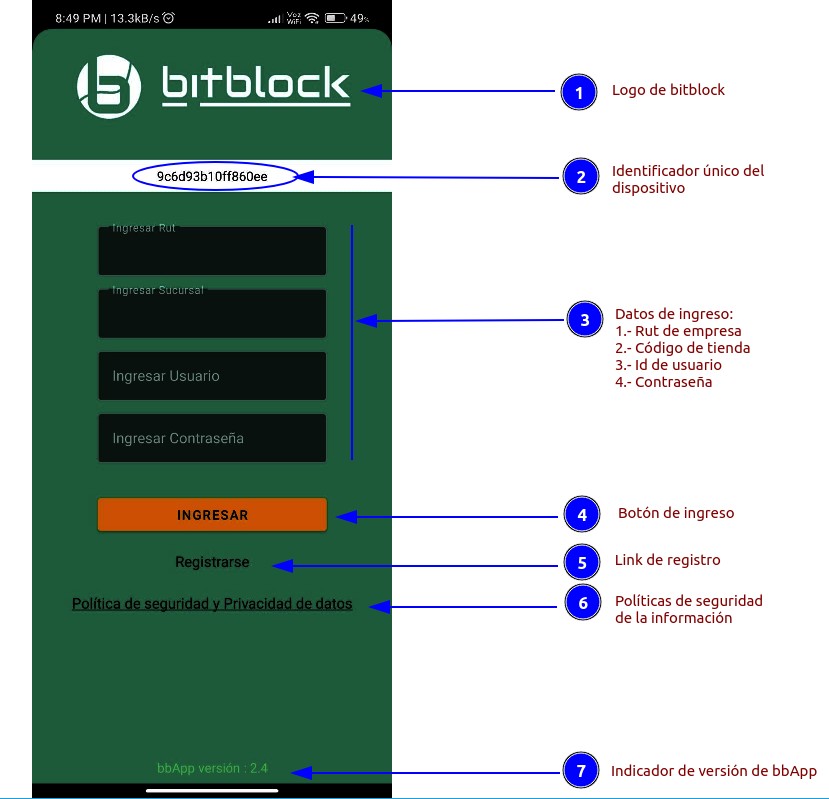 Pantalla de ingreso bbApp