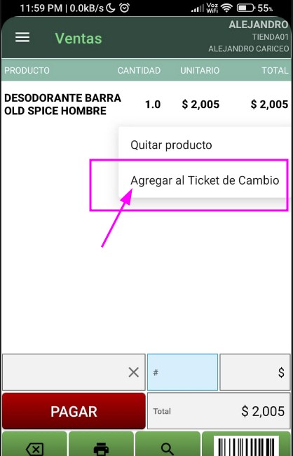 Producto marcado para ticket de cambio