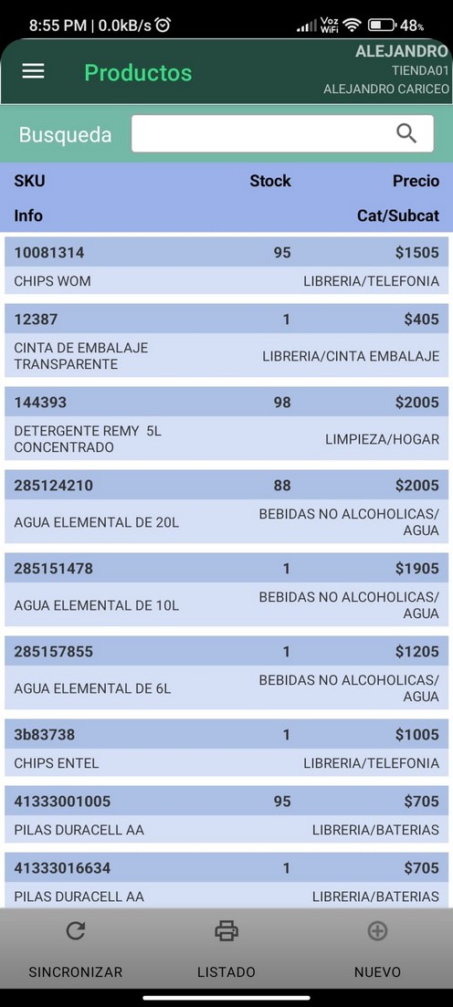 Pantalla de productos